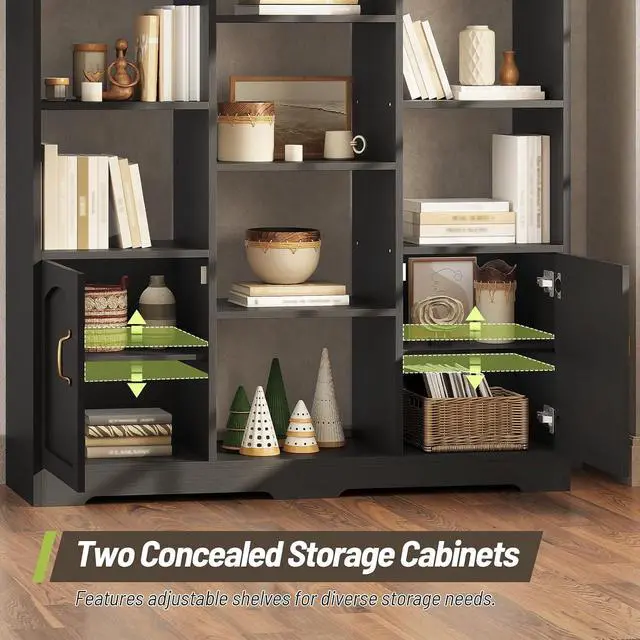 Alt view image 6 of 14 - Arched Bookshelf with Doors, 70.9" Tall Storage Cabinet for Living Room, Large Wide Triple Column 5 Tier Wooden Bookcases and Bookshelves, Open Display Shelves, for Study, Home Office, Black