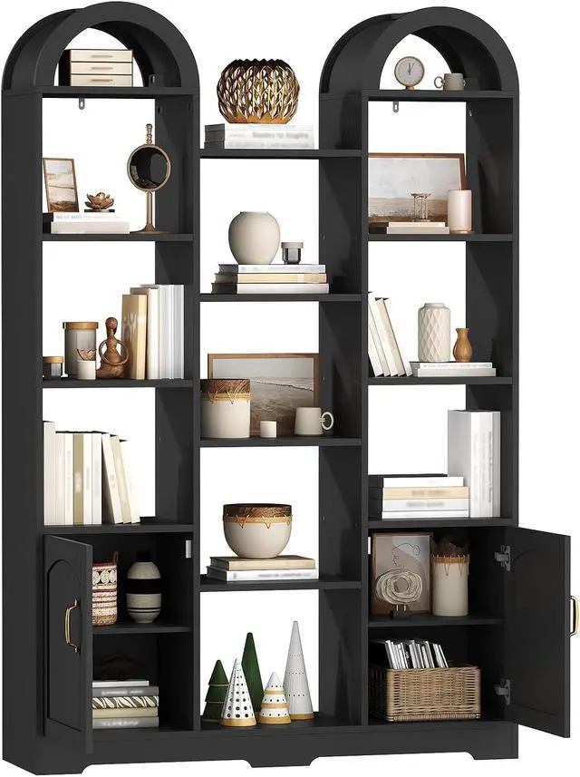 Alt view image 7 of 14 - Arched Bookshelf with Doors, 70.9" Tall Storage Cabinet for Living Room, Large Wide Triple Column 5 Tier Wooden Bookcases and Bookshelves, Open Display Shelves, for Study, Home Office, Black