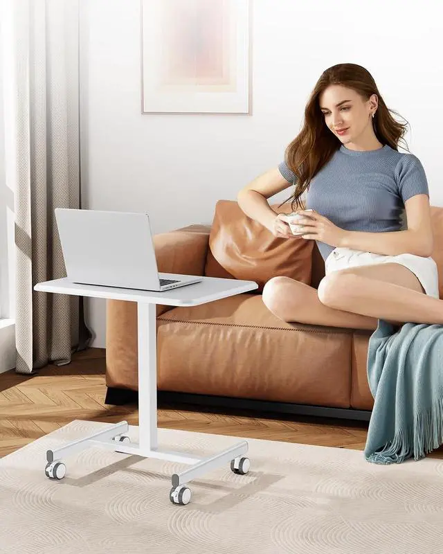 Alt view image 2 of 7 - Standing Desk Small Rolling Desk with Lockable Wheels, Mobile Stand Up Desk Adjustable Height 28-43 Inch, Portable Laptop Desk, Small Computer Standing Table Sit Stand White