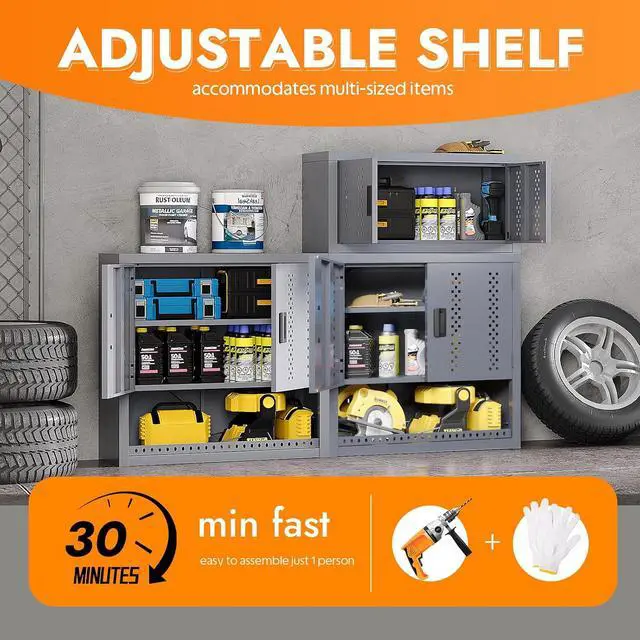 Alt view image 3 of 7 - Metal Wall Storage Cabinet with Adjustable Shelf Steel Wall Mounted Garage Storage Cabinet with Doors for Basement Utility Room Warehouse Kitchen