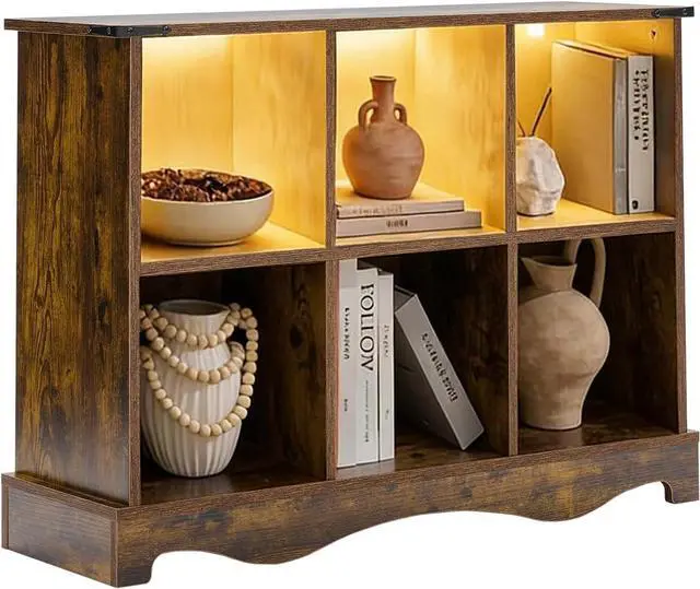 Main image of 6 Cube Storage Organizer, Wood Cube Bookshelf with LED Lights, Horizontal Storage Cubes, Kids Bookshelf, Display Cabinet Cubby Shelf for Living Room Home Office Bedroom, Brown Shelf Organizer