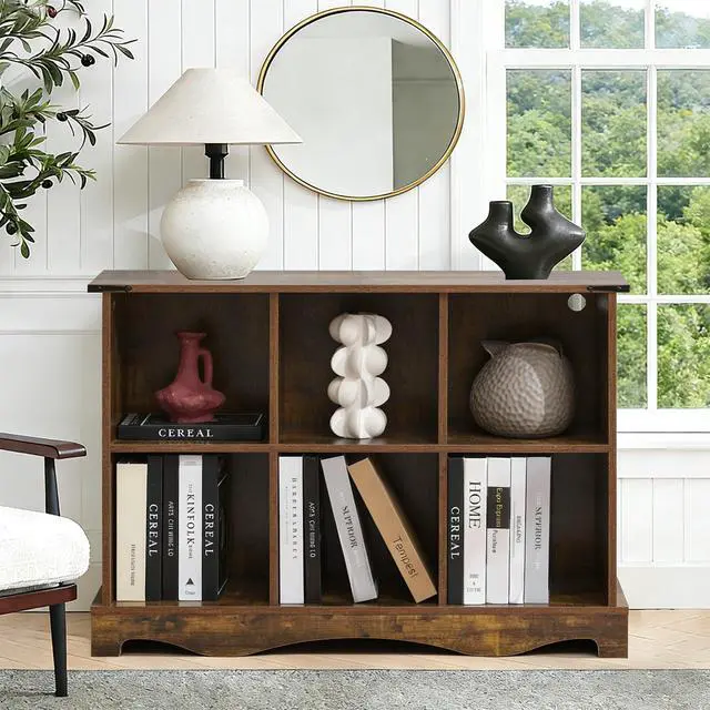 Alt view image 2 of 7 - 6 Cube Storage Organizer, Wood Cube Bookshelf with LED Lights, Horizontal Storage Cubes, Kids Bookshelf, Display Cabinet Cubby Shelf for Living Room Home Office Bedroom, Brown Shelf Organizer