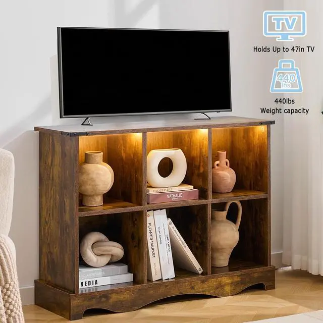 Alt view image 7 of 7 - 6 Cube Storage Organizer, Wood Cube Bookshelf with LED Lights, Horizontal Storage Cubes, Kids Bookshelf, Display Cabinet Cubby Shelf for Living Room Home Office Bedroom, Brown Shelf Organizer