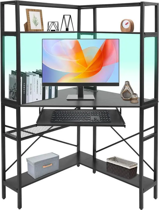 Main image of Corner Computer Desk with Power Outlets - 29.5x29.5x60in Gaming Desk with LED Light Strip & Storage Shelves for Home Office and Small Space