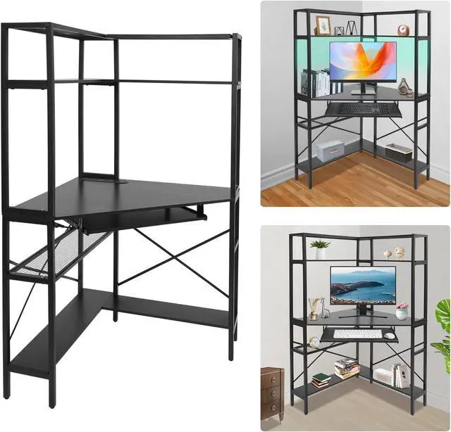 Alt view image 5 of 7 - Corner Computer Desk with Power Outlets - 29.5x29.5x60in Gaming Desk with LED Light Strip & Storage Shelves for Home Office and Small Space