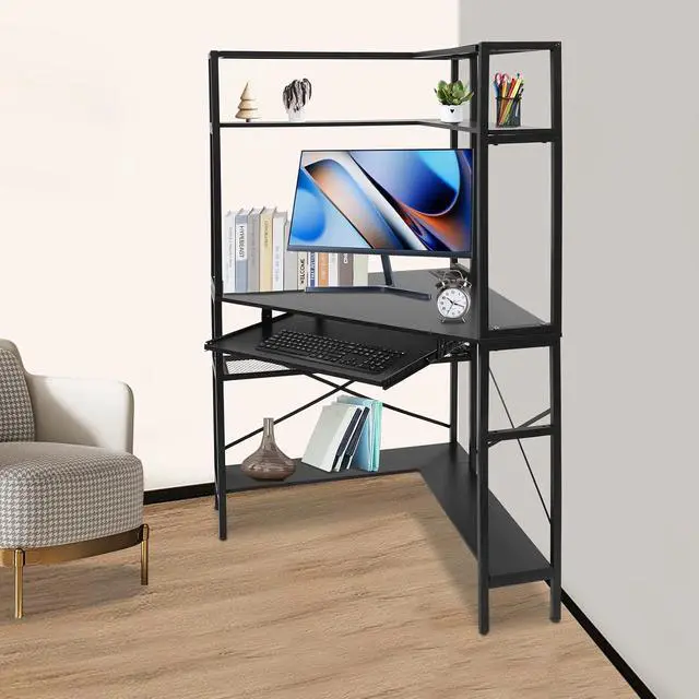 Alt view image 6 of 7 - Corner Computer Desk with Power Outlets - 29.5x29.5x60in Gaming Desk with LED Light Strip & Storage Shelves for Home Office and Small Space