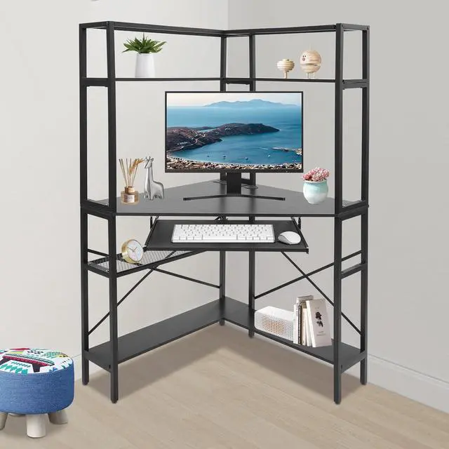 Alt view image 4 of 7 - Corner Computer Desk with Power Outlets - 29.5x29.5x60in Gaming Desk with LED Light Strip & Storage Shelves for Home Office and Small Space