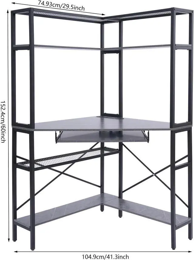 Alt view image 2 of 7 - Corner Computer Desk with Power Outlets - 29.5x29.5x60in Gaming Desk with LED Light Strip & Storage Shelves for Home Office and Small Space