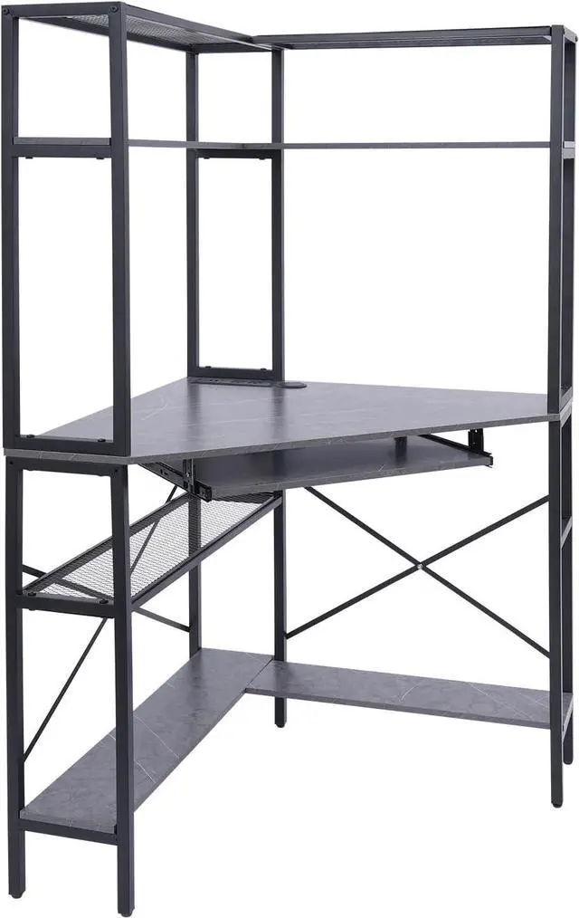 Main image of Corner Computer Desk with Power Outlets - 29.5x29.5x60in Gaming Desk with LED Light Strip & Storage Shelves for Home Office and Small Space