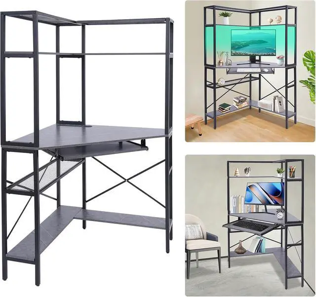 Alt view image 3 of 7 - Corner Computer Desk with Power Outlets - 29.5x29.5x60in Gaming Desk with LED Light Strip & Storage Shelves for Home Office and Small Space