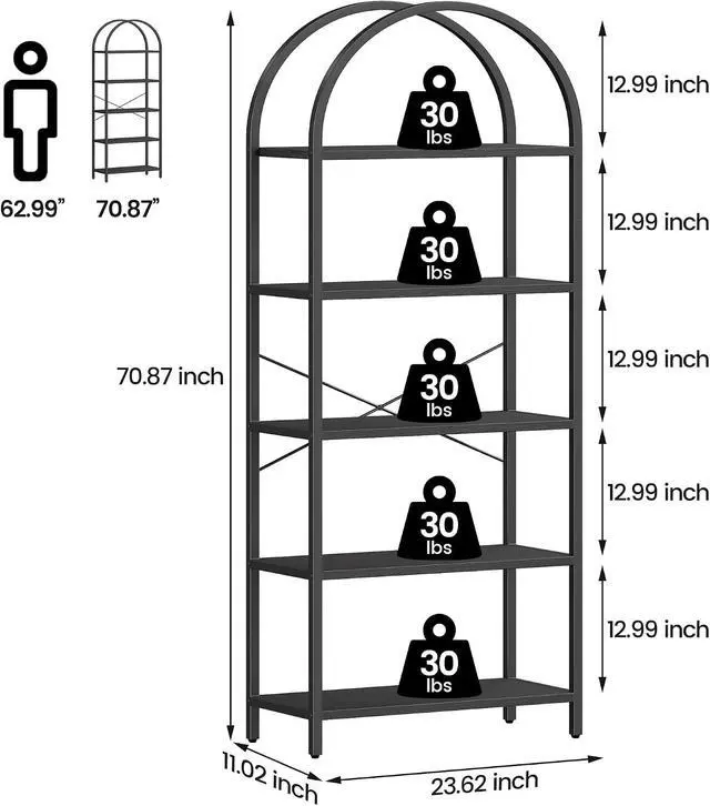 Alt view image 2 of 7 - Bookshelf Tall Bookcase Arched Standing Bookshelves Modern Display Racks 5 Tier Storage Rack Shelf Large Wood Book Shelf for Bedroom, Living Room, Home Office