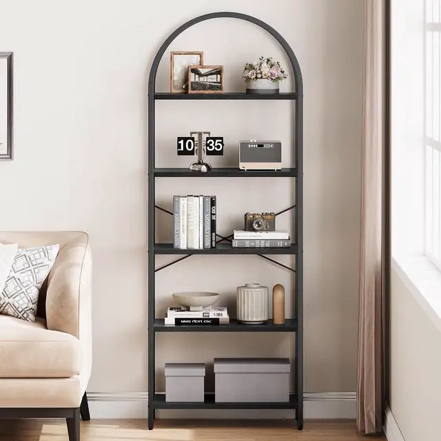 Alt view image 4 of 7 - Bookshelf Tall Bookcase Arched Standing Bookshelves Modern Display Racks 5 Tier Storage Rack Shelf Large Wood Book Shelf for Bedroom, Living Room, Home Office