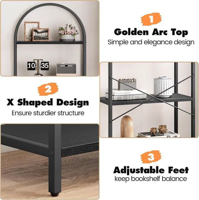 Alt view image 5 of 7 - Bookshelf Tall Bookcase Arched Standing Bookshelves Modern Display Racks 5 Tier Storage Rack Shelf Large Wood Book Shelf for Bedroom, Living Room, Home Office