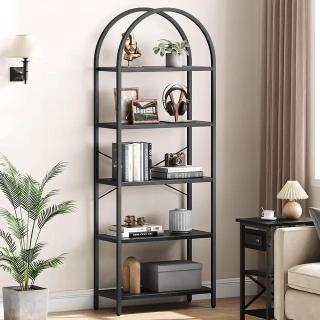 Alt view image 3 of 7 - Bookshelf Tall Bookcase Arched Standing Bookshelves Modern Display Racks 5 Tier Storage Rack Shelf Large Wood Book Shelf for Bedroom, Living Room, Home Office