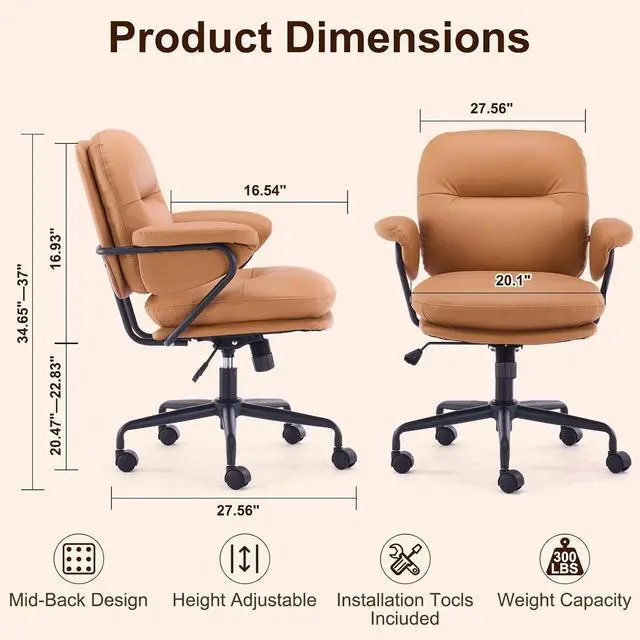 Alt view image 2 of 7 - Ergonomic Office Chair with Wheels, Adjustable Height PU Leather Mid Back Desk Chair, Modern Comfort 360 Swivel Computer Chair for Home Office, Meeting Room, Reading, Camel