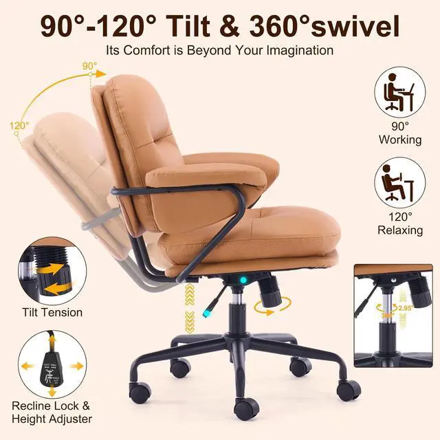 Alt view image 4 of 7 - Ergonomic Office Chair with Wheels, Adjustable Height PU Leather Mid Back Desk Chair, Modern Comfort 360 Swivel Computer Chair for Home Office, Meeting Room, Reading, Camel