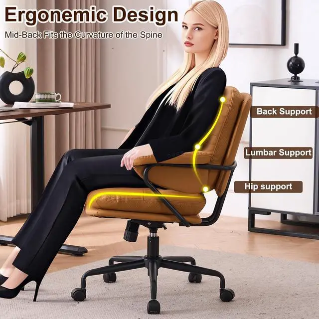 Alt view image 3 of 7 - Ergonomic Office Chair with Wheels, Adjustable Height PU Leather Mid Back Desk Chair, Modern Comfort 360 Swivel Computer Chair for Home Office, Meeting Room, Reading, Camel