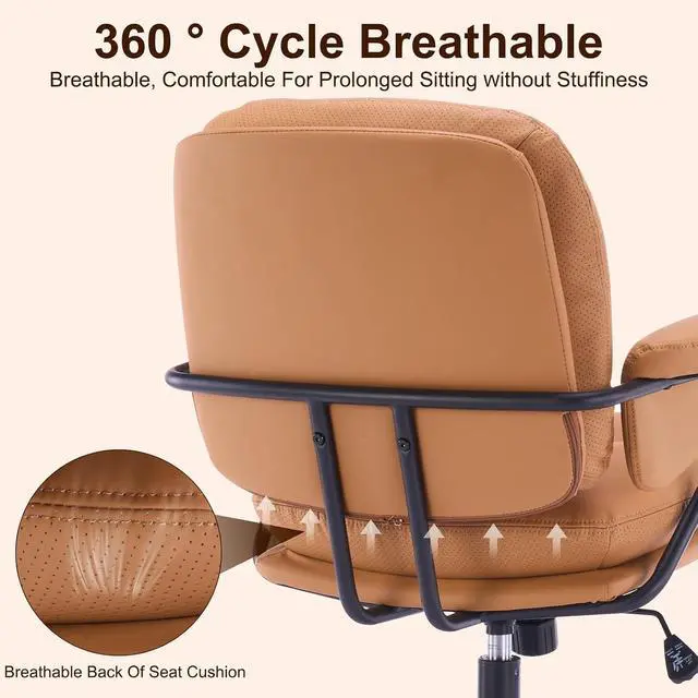Alt view image 7 of 7 - Ergonomic Office Chair with Wheels, Adjustable Height PU Leather Mid Back Desk Chair, Modern Comfort 360 Swivel Computer Chair for Home Office, Meeting Room, Reading, Camel