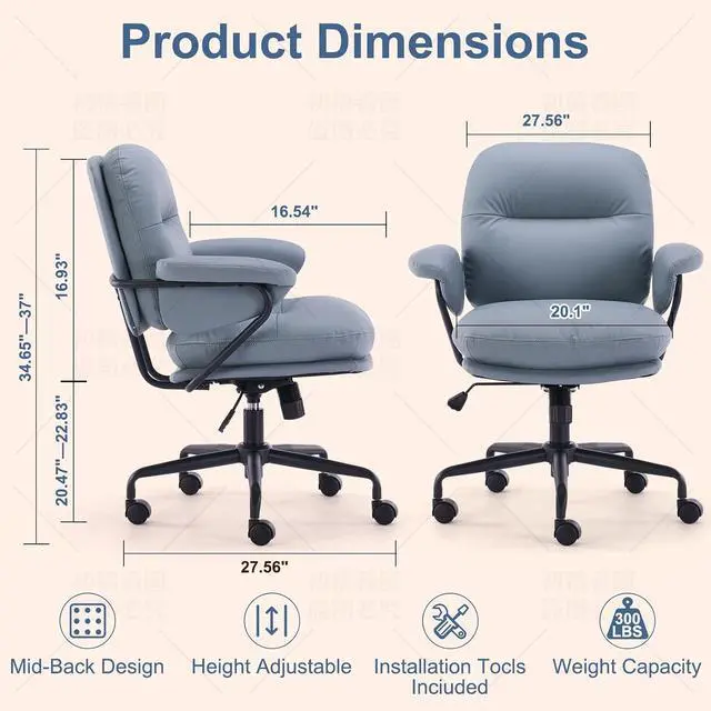 Alt view image 2 of 7 - Ergonomic Office Chair with Wheels, Adjustable Height PU Leather Mid Back Desk Chair, Modern Comfort 360 Swivel Computer Chair for Home Office, Meeting Room, Reading, Sage