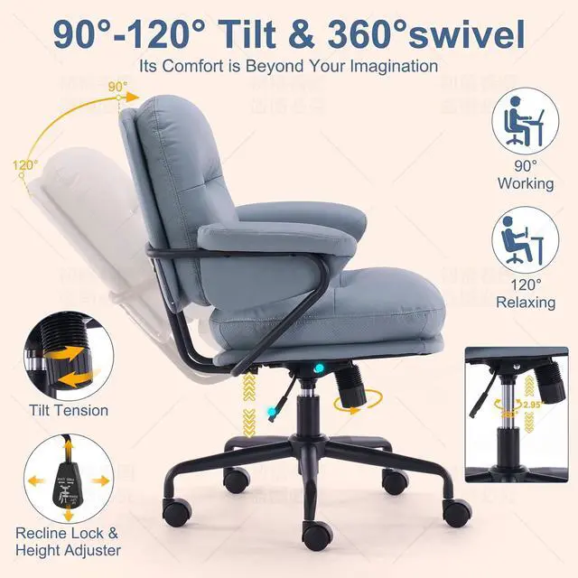Alt view image 4 of 7 - Ergonomic Office Chair with Wheels, Adjustable Height PU Leather Mid Back Desk Chair, Modern Comfort 360 Swivel Computer Chair for Home Office, Meeting Room, Reading, Sage