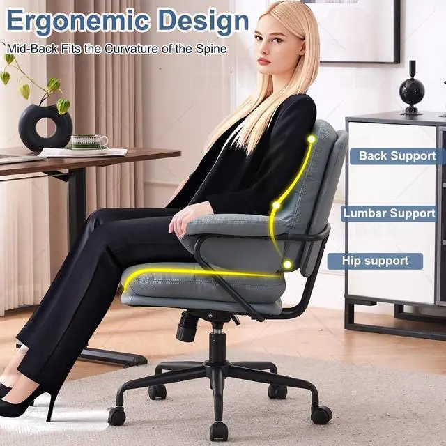 Alt view image 3 of 7 - Ergonomic Office Chair with Wheels, Adjustable Height PU Leather Mid Back Desk Chair, Modern Comfort 360 Swivel Computer Chair for Home Office, Meeting Room, Reading, Sage