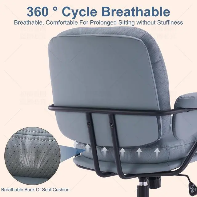 Alt view image 7 of 7 - Ergonomic Office Chair with Wheels, Adjustable Height PU Leather Mid Back Desk Chair, Modern Comfort 360 Swivel Computer Chair for Home Office, Meeting Room, Reading, Sage