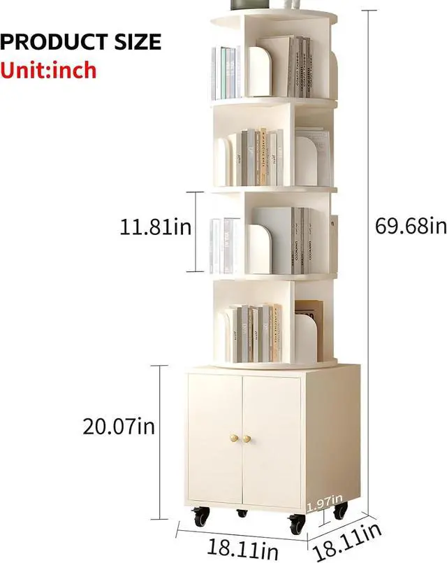 Alt view image 2 of 7 - 4-Tier Rotating Bookshelf with Storage & 360° Lockable Wheels, Display Spinning Bookshelves Floor Standing Narrow Shelving Storage Organizer Tower for Bedroom Living Room Study Room
