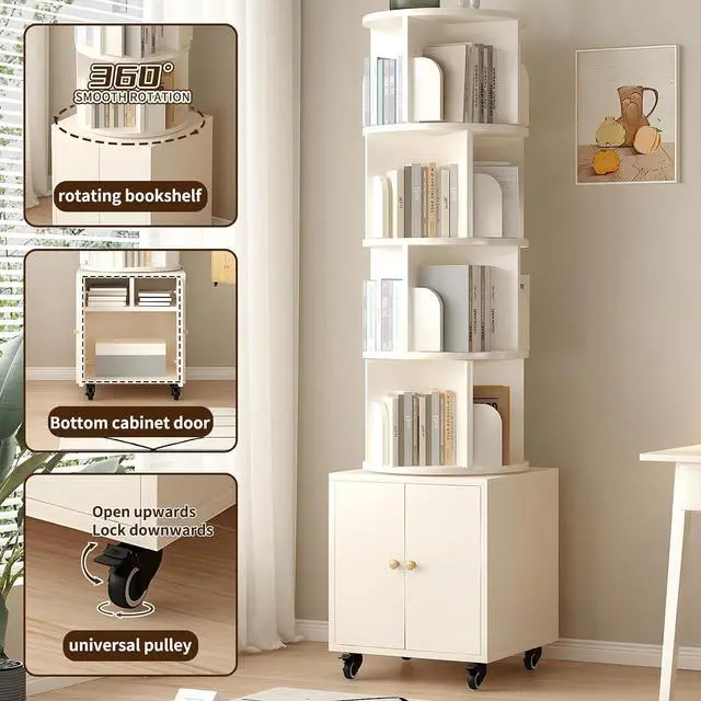 Alt view image 3 of 7 - 4-Tier Rotating Bookshelf with Storage & 360° Lockable Wheels, Display Spinning Bookshelves Floor Standing Narrow Shelving Storage Organizer Tower for Bedroom Living Room Study Room