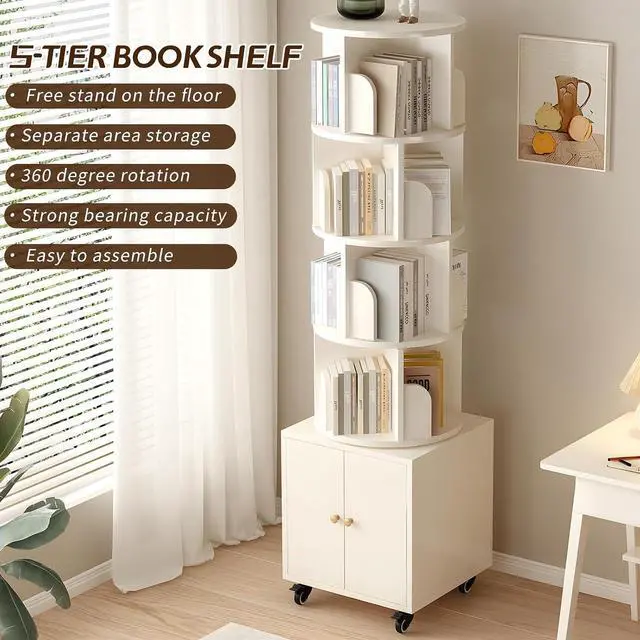 Alt view image 6 of 7 - 4-Tier Rotating Bookshelf with Storage & 360° Lockable Wheels, Display Spinning Bookshelves Floor Standing Narrow Shelving Storage Organizer Tower for Bedroom Living Room Study Room