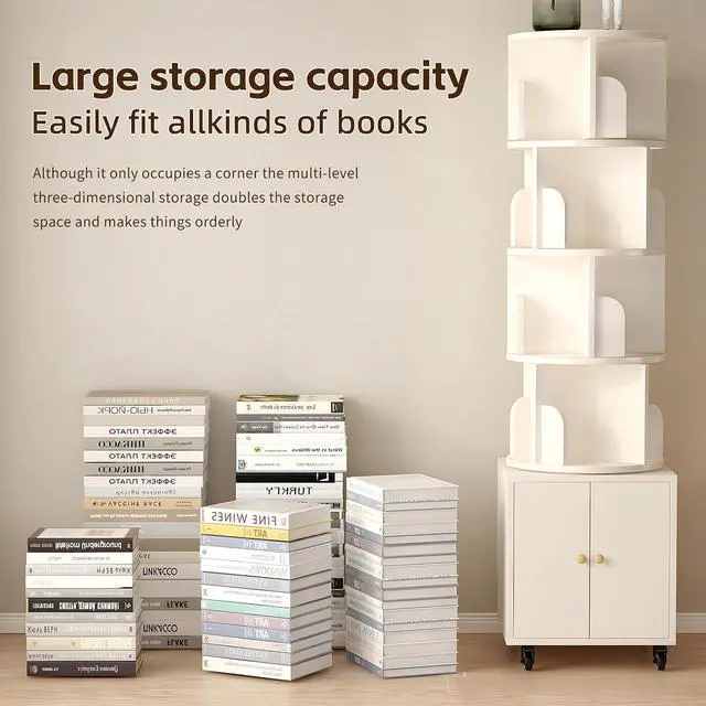 Alt view image 7 of 7 - 4-Tier Rotating Bookshelf with Storage & 360° Lockable Wheels, Display Spinning Bookshelves Floor Standing Narrow Shelving Storage Organizer Tower for Bedroom Living Room Study Room