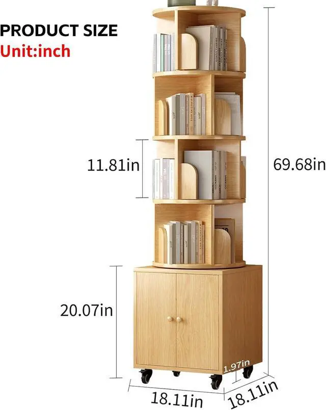 Alt view image 2 of 7 - 4-Tier Rotating Bookshelf with Storage & 360° Lockable Wheels, Display Spinning Bookshelves Floor Standing Narrow Shelving Storage Organizer Tower for Bedroom Living Room Study Room