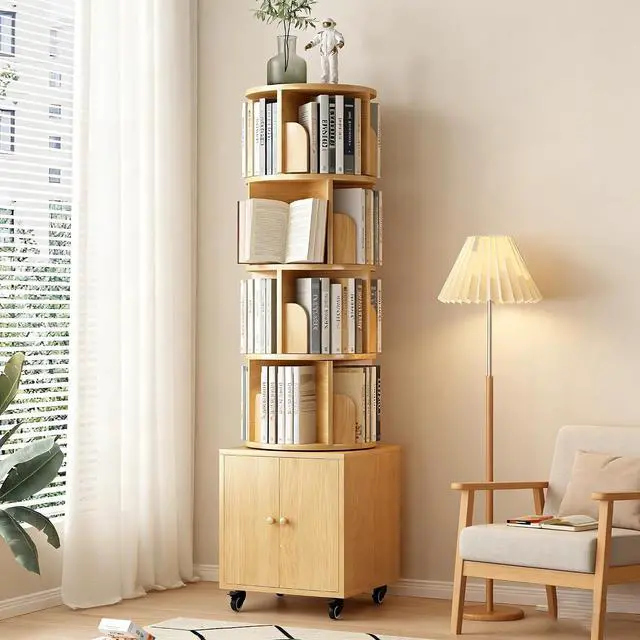Main image of 4-Tier Rotating Bookshelf with Storage & 360° Lockable Wheels, Display Spinning Bookshelves Floor Standing Narrow Shelving Storage Organizer Tower for Bedroom Living Room Study Room