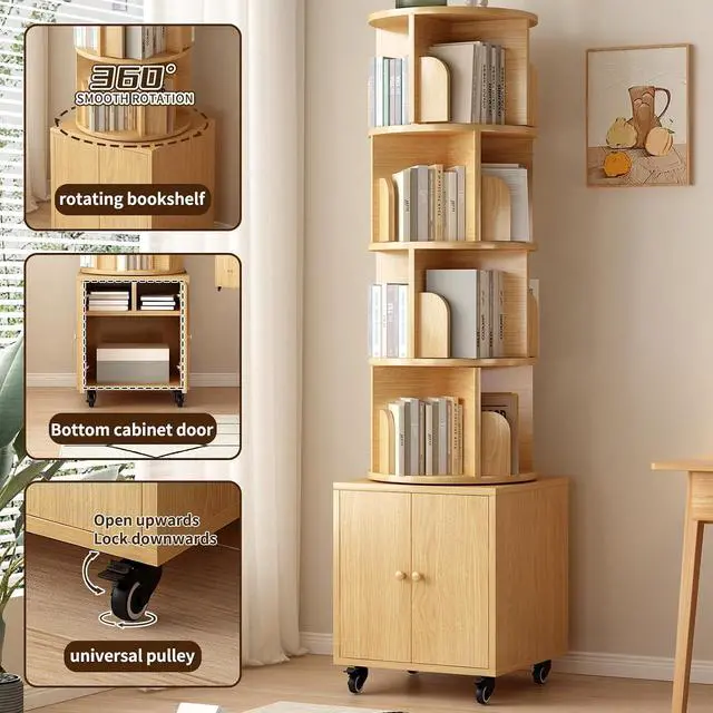 Alt view image 3 of 7 - 4-Tier Rotating Bookshelf with Storage & 360° Lockable Wheels, Display Spinning Bookshelves Floor Standing Narrow Shelving Storage Organizer Tower for Bedroom Living Room Study Room