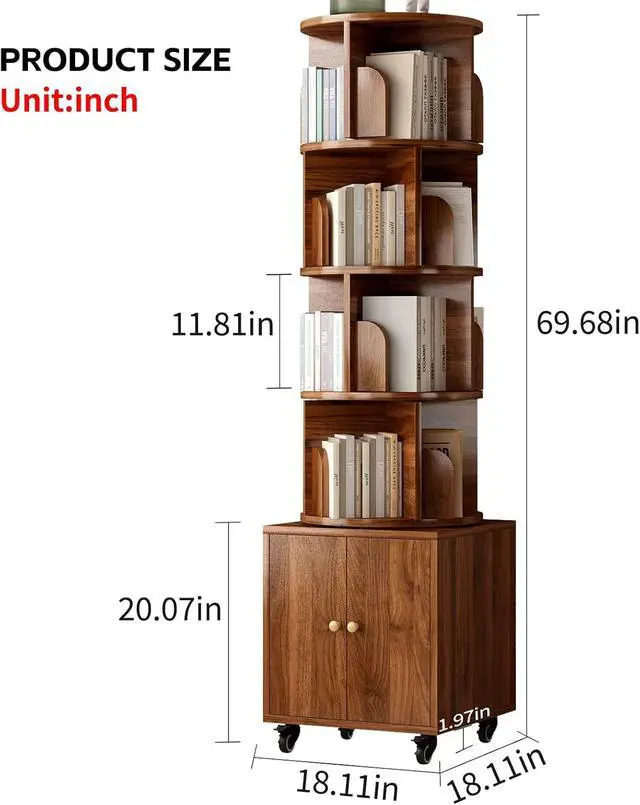 Alt view image 2 of 7 - 4-Tier Rotating Bookshelf with Storage & 360° Lockable Wheels, Display Spinning Bookshelves Floor Standing Narrow Shelving Storage Organizer Tower for Bedroom Living Room Study Room