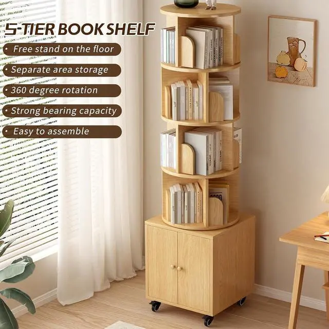 Alt view image 6 of 7 - 4-Tier Rotating Bookshelf with Storage & 360° Lockable Wheels, Display Spinning Bookshelves Floor Standing Narrow Shelving Storage Organizer Tower for Bedroom Living Room Study Room