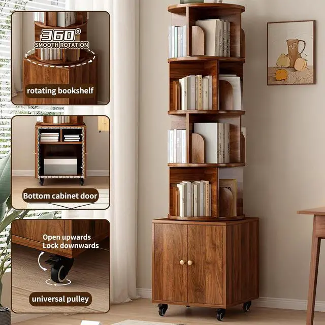 Alt view image 3 of 7 - 4-Tier Rotating Bookshelf with Storage & 360° Lockable Wheels, Display Spinning Bookshelves Floor Standing Narrow Shelving Storage Organizer Tower for Bedroom Living Room Study Room