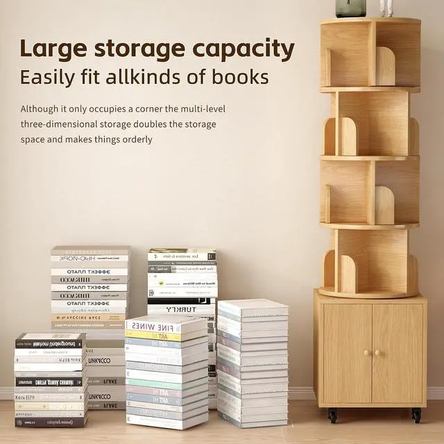 Alt view image 7 of 7 - 4-Tier Rotating Bookshelf with Storage & 360° Lockable Wheels, Display Spinning Bookshelves Floor Standing Narrow Shelving Storage Organizer Tower for Bedroom Living Room Study Room