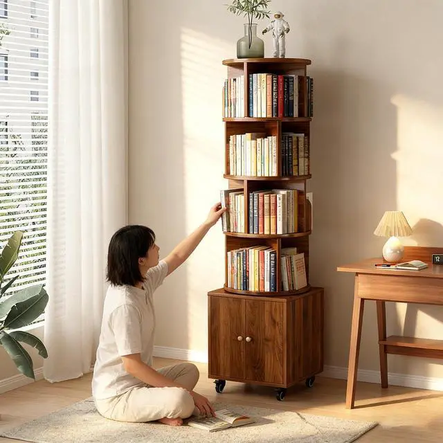 Main image of 4-Tier Rotating Bookshelf with Storage & 360° Lockable Wheels, Display Spinning Bookshelves Floor Standing Narrow Shelving Storage Organizer Tower for Bedroom Living Room Study Room