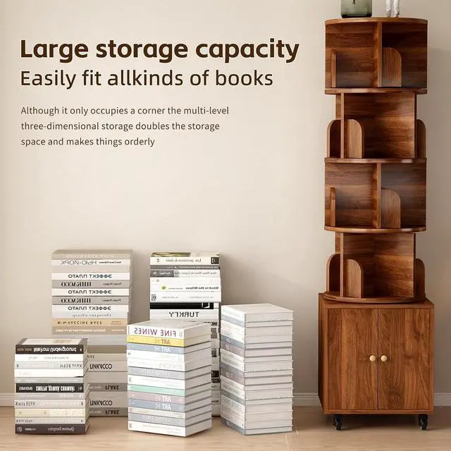 Alt view image 7 of 7 - 4-Tier Rotating Bookshelf with Storage & 360° Lockable Wheels, Display Spinning Bookshelves Floor Standing Narrow Shelving Storage Organizer Tower for Bedroom Living Room Study Room