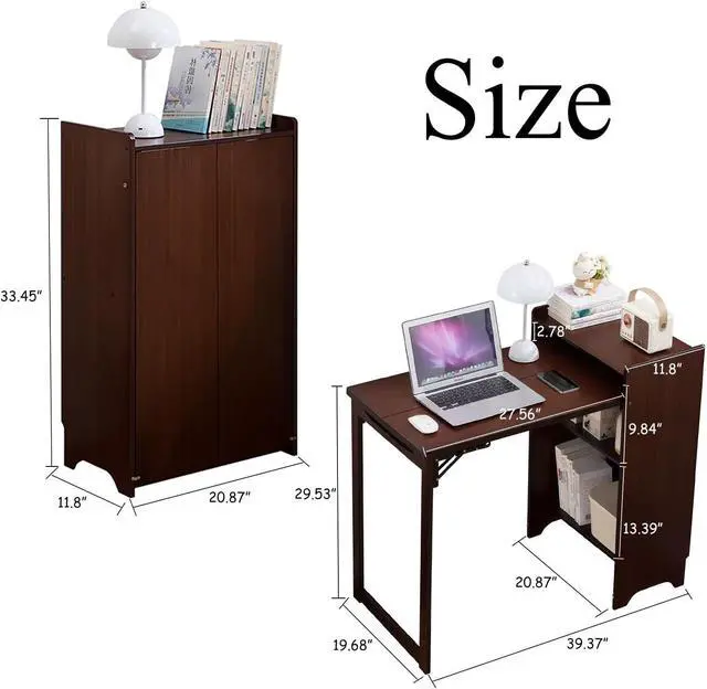 Alt view image 3 of 7 - Bamboo Folding Desk, Mid Century Fold Out Table with Hidden Storage and Built-in Socket, Fold Out Table for Small Spaces,Home Office and Bedroom