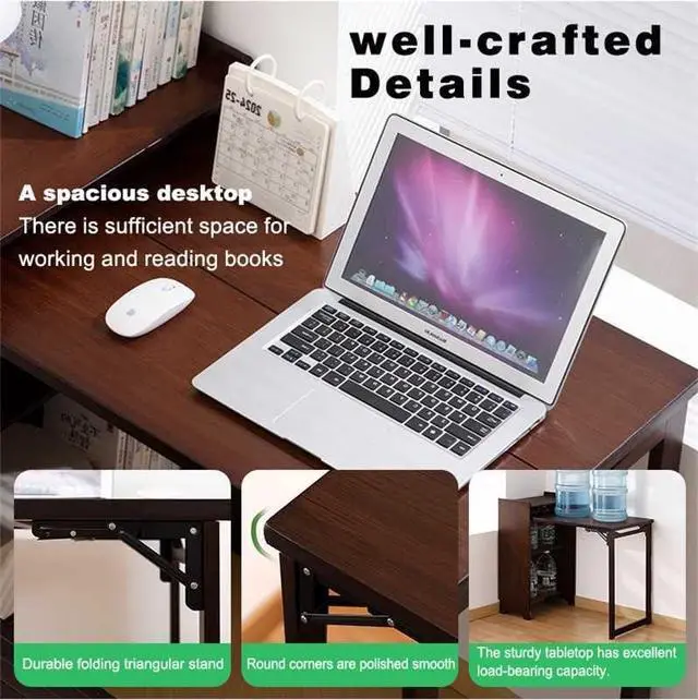 Alt view image 4 of 7 - Bamboo Folding Desk, Mid Century Fold Out Table with Hidden Storage and Built-in Socket, Fold Out Table for Small Spaces,Home Office and Bedroom