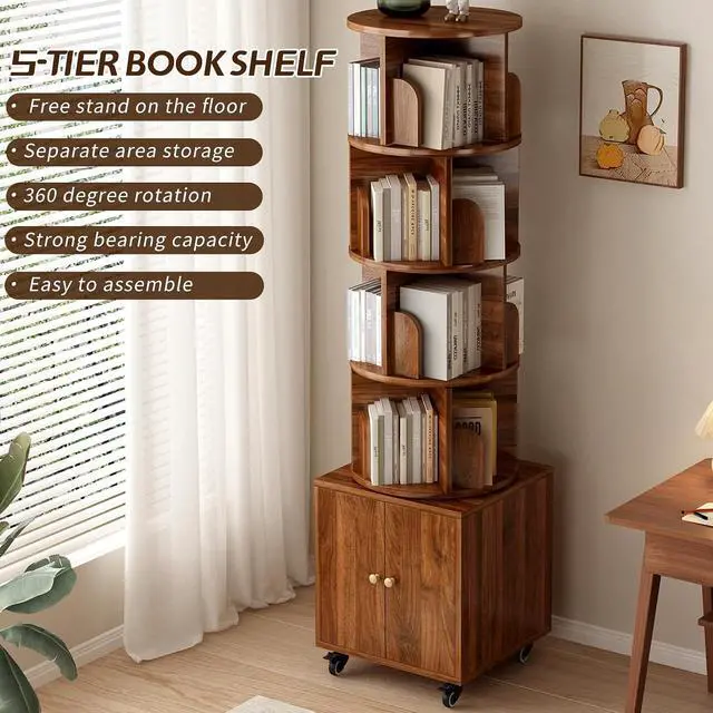 Alt view image 6 of 7 - 4-Tier Rotating Bookshelf with Storage & 360° Lockable Wheels, Display Spinning Bookshelves Floor Standing Narrow Shelving Storage Organizer Tower for Bedroom Living Room Study Room