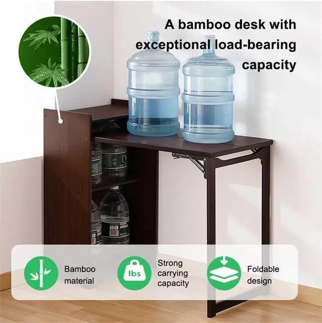 Alt view image 5 of 7 - Bamboo Folding Desk, Mid Century Fold Out Table with Hidden Storage and Built-in Socket, Fold Out Table for Small Spaces,Home Office and Bedroom
