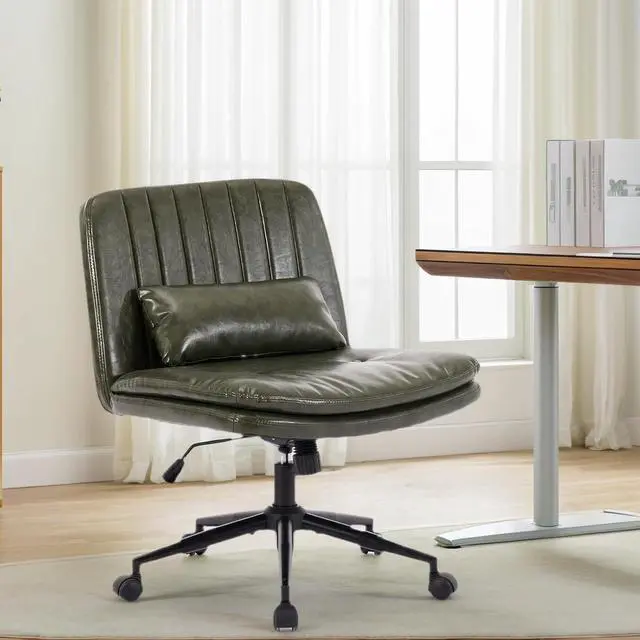 Main image of Criss Cross Office Chair with Wheels, Armless Adjustable Swivel Chair with Wide Seat & Pillow, Ergonomic Desk Chair Computer Task Seating for Home Office, Makeup (Faux Leather, Green)