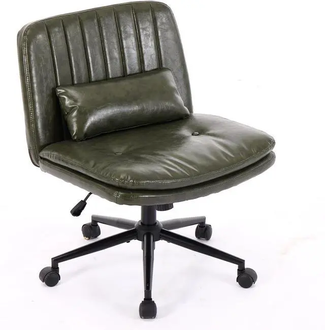 Alt view image 3 of 7 - Criss Cross Office Chair with Wheels, Armless Adjustable Swivel Chair with Wide Seat & Pillow, Ergonomic Desk Chair Computer Task Seating for Home Office, Makeup (Faux Leather, Green)