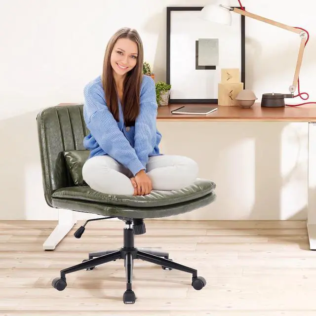 Alt view image 4 of 7 - Criss Cross Office Chair with Wheels, Armless Adjustable Swivel Chair with Wide Seat & Pillow, Ergonomic Desk Chair Computer Task Seating for Home Office, Makeup (Faux Leather, Green)