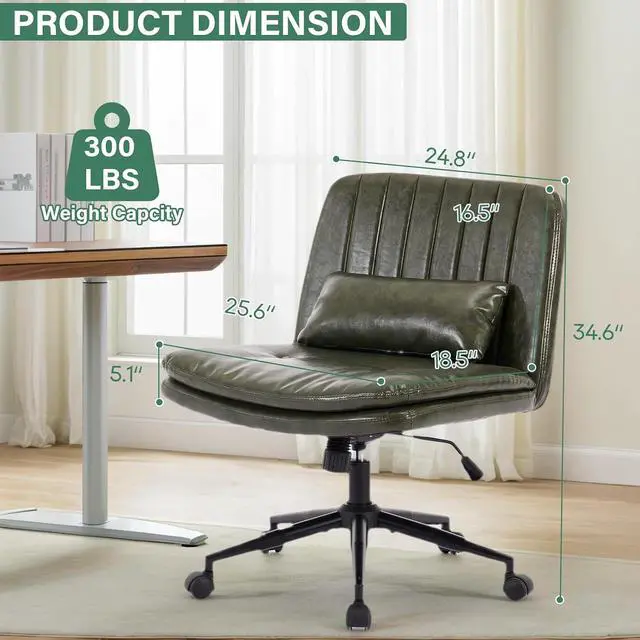 Alt view image 2 of 7 - Criss Cross Office Chair with Wheels, Armless Adjustable Swivel Chair with Wide Seat & Pillow, Ergonomic Desk Chair Computer Task Seating for Home Office, Makeup (Faux Leather, Green)