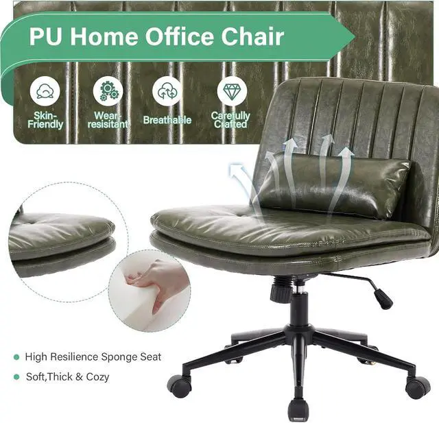 Alt view image 5 of 7 - Criss Cross Office Chair with Wheels, Armless Adjustable Swivel Chair with Wide Seat & Pillow, Ergonomic Desk Chair Computer Task Seating for Home Office, Makeup (Faux Leather, Green)