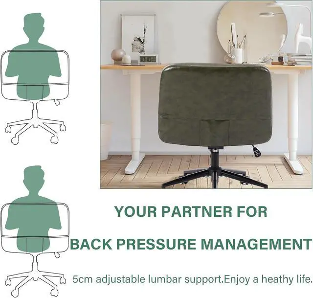 Alt view image 6 of 7 - Criss Cross Office Chair with Wheels, Armless Adjustable Swivel Chair with Wide Seat & Pillow, Ergonomic Desk Chair Computer Task Seating for Home Office, Makeup (Faux Leather, Green)