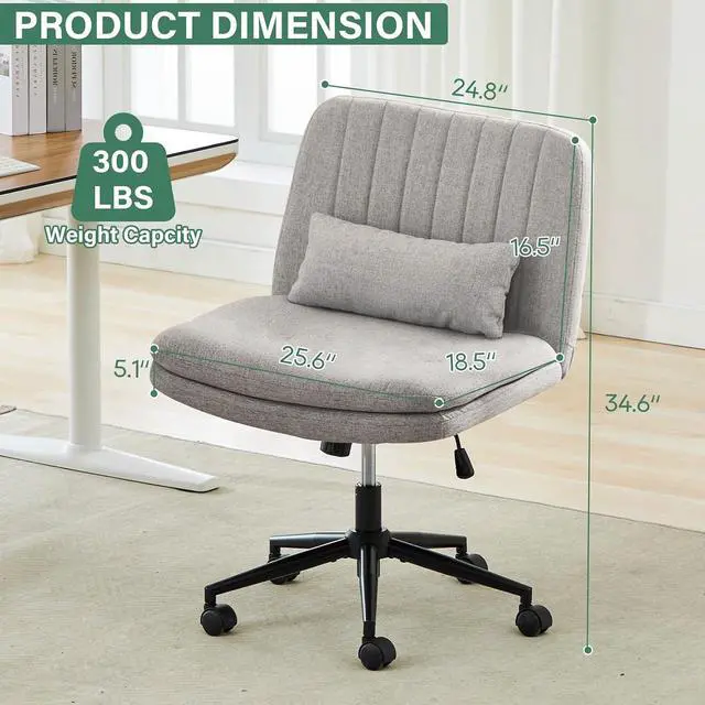 Alt view image 2 of 7 - Criss Cross Office Chair with Wheels, Armless Adjustable Swivel Chair with Wide Seat & Pillow, Ergonomic Desk Chair Computer Task Seating for Home Office, Makeup, Small Space (Linen, Grey)